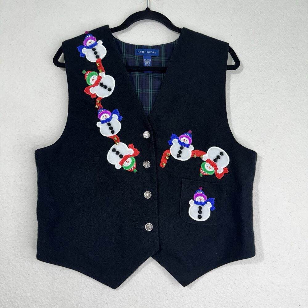 Karen Scott Black Velvet Christmas Vest Embroidered Snowman Grandmacore 90s VTG